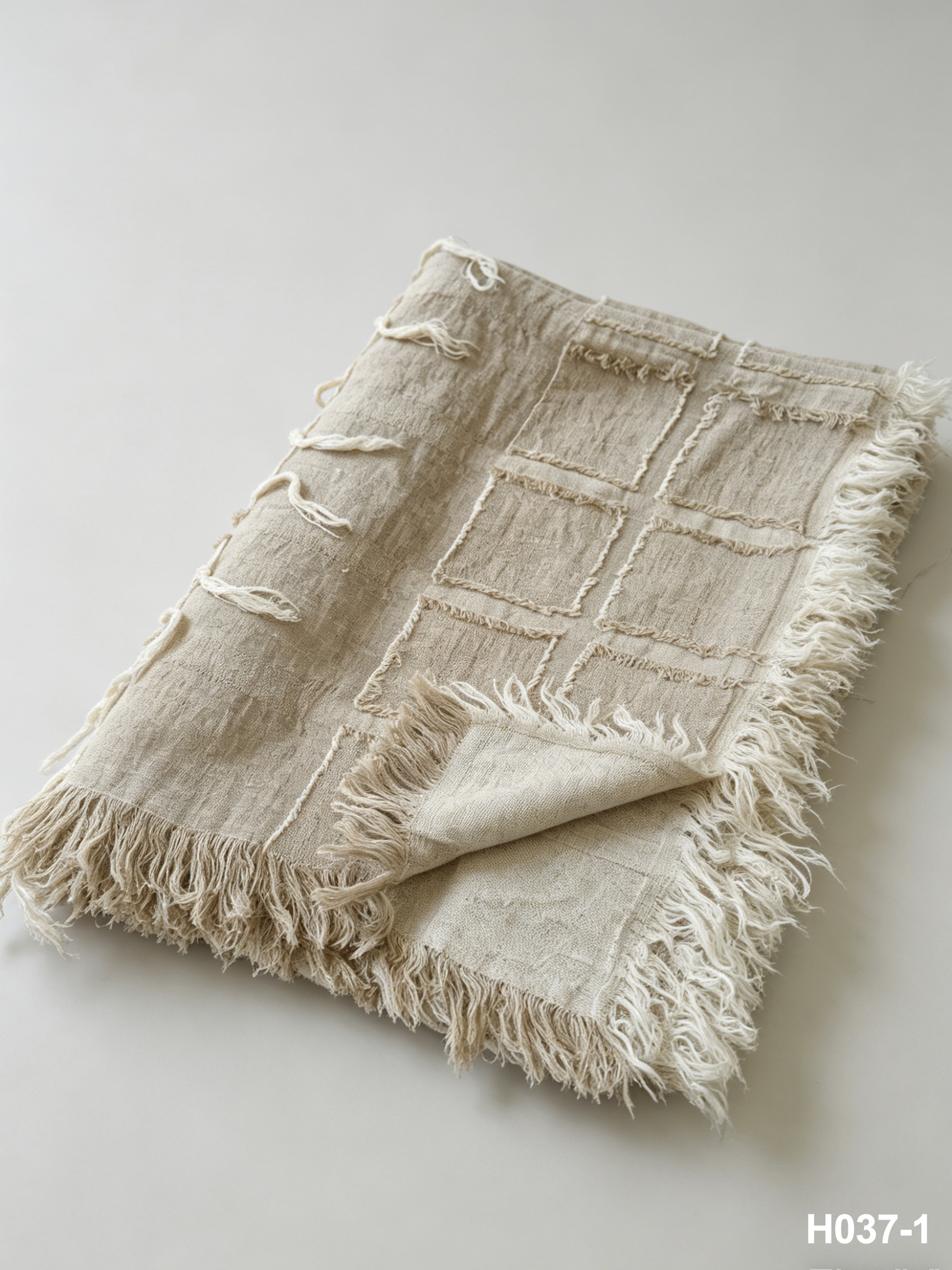 H037-1 Natural Grid Cutwork Throw | Washed Linen Throw for Sofa & Living Room