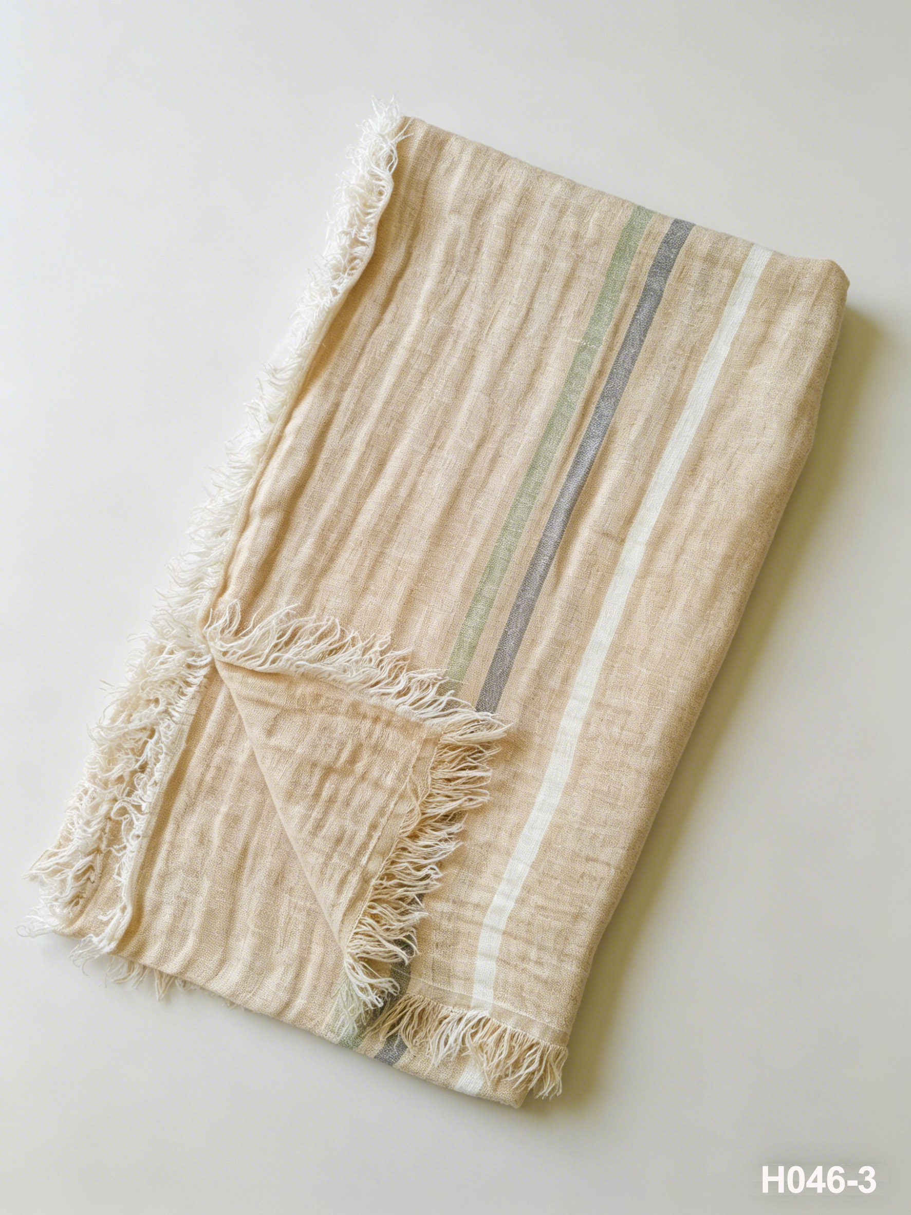 H046-3 Oatmeal Random-Striped Gauze Linen Throw | Coastal Washed Throw Blanket