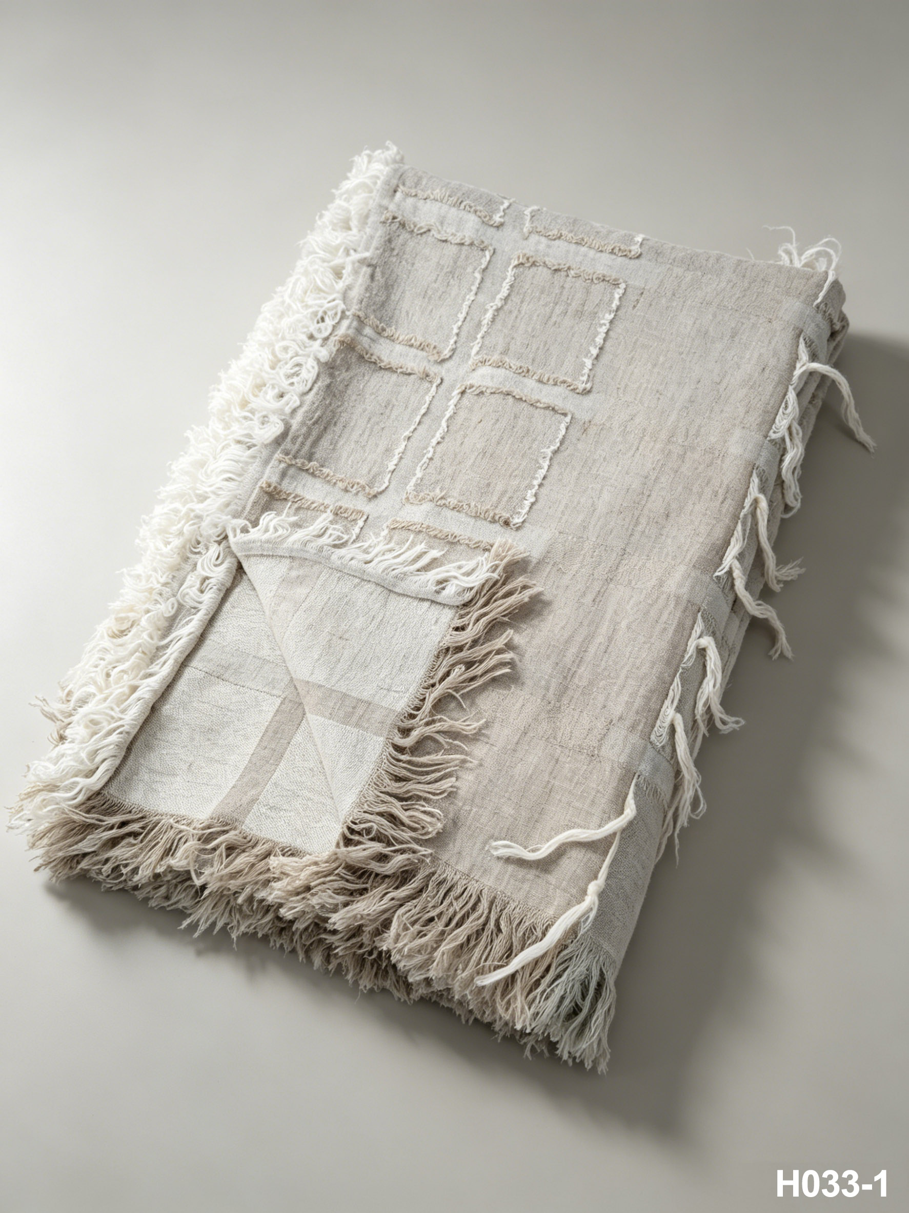 H033-1 Natural Sage Grid Stripe Cutwork Throw | Washed Linen Throw for Sofa & Living Room