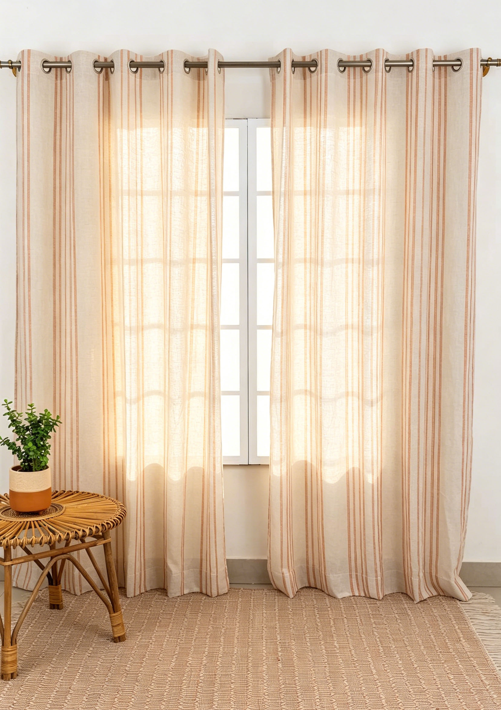 H041-6 100% European Flax Linen Curtains | White Terracotta Striped OEKO-TEX Sheer