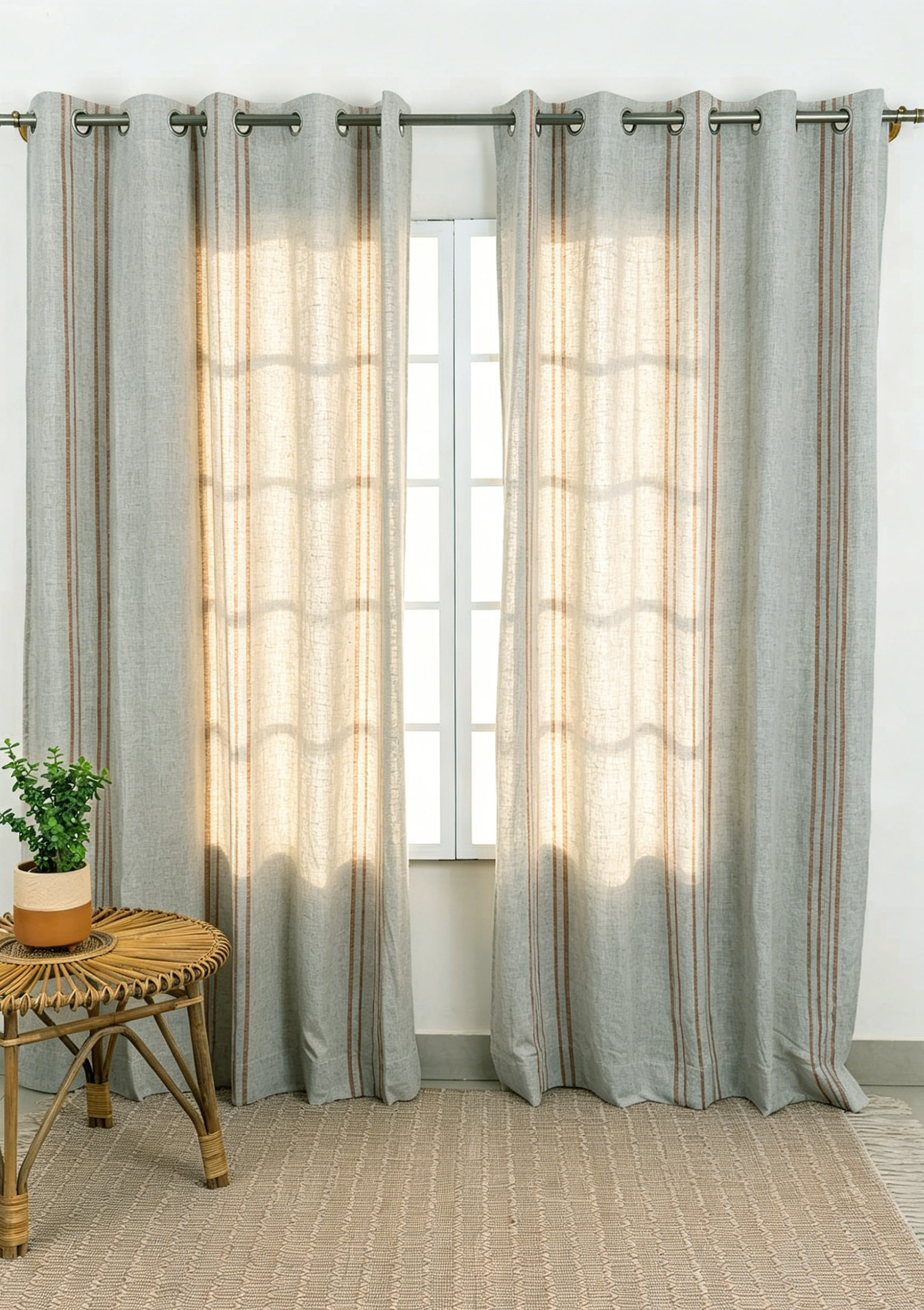 H041-8 100% European Flax Linen Curtains | Grey Terracotta Striped OEKO-TEX Sheer
