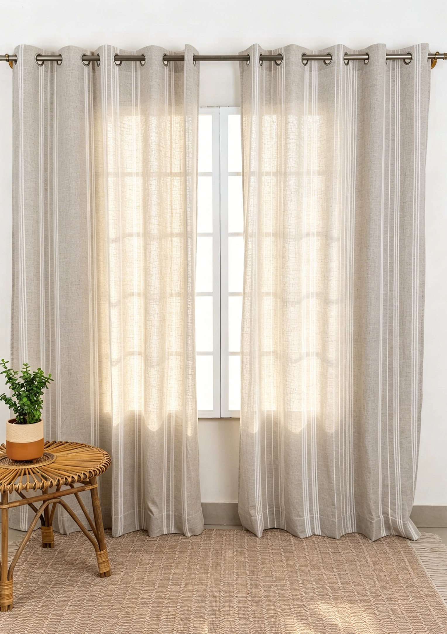 H042-4 100% European Flax Linen Curtains | Natural White Striped OEKO-TEX Sheer