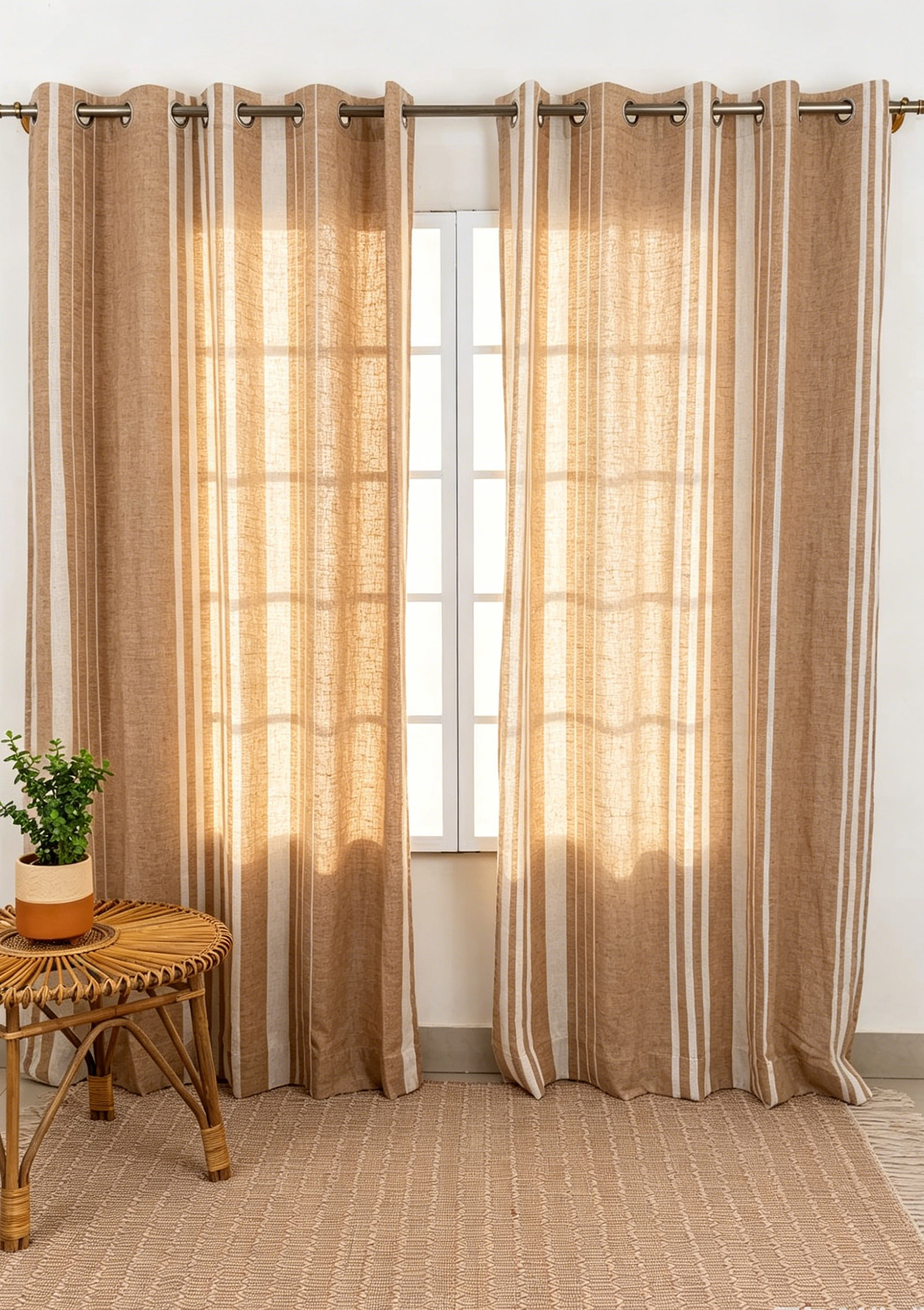 H042-5 100% European Flax Linen Curtains | Terracotta White Striped OEKO-TEX Sheer