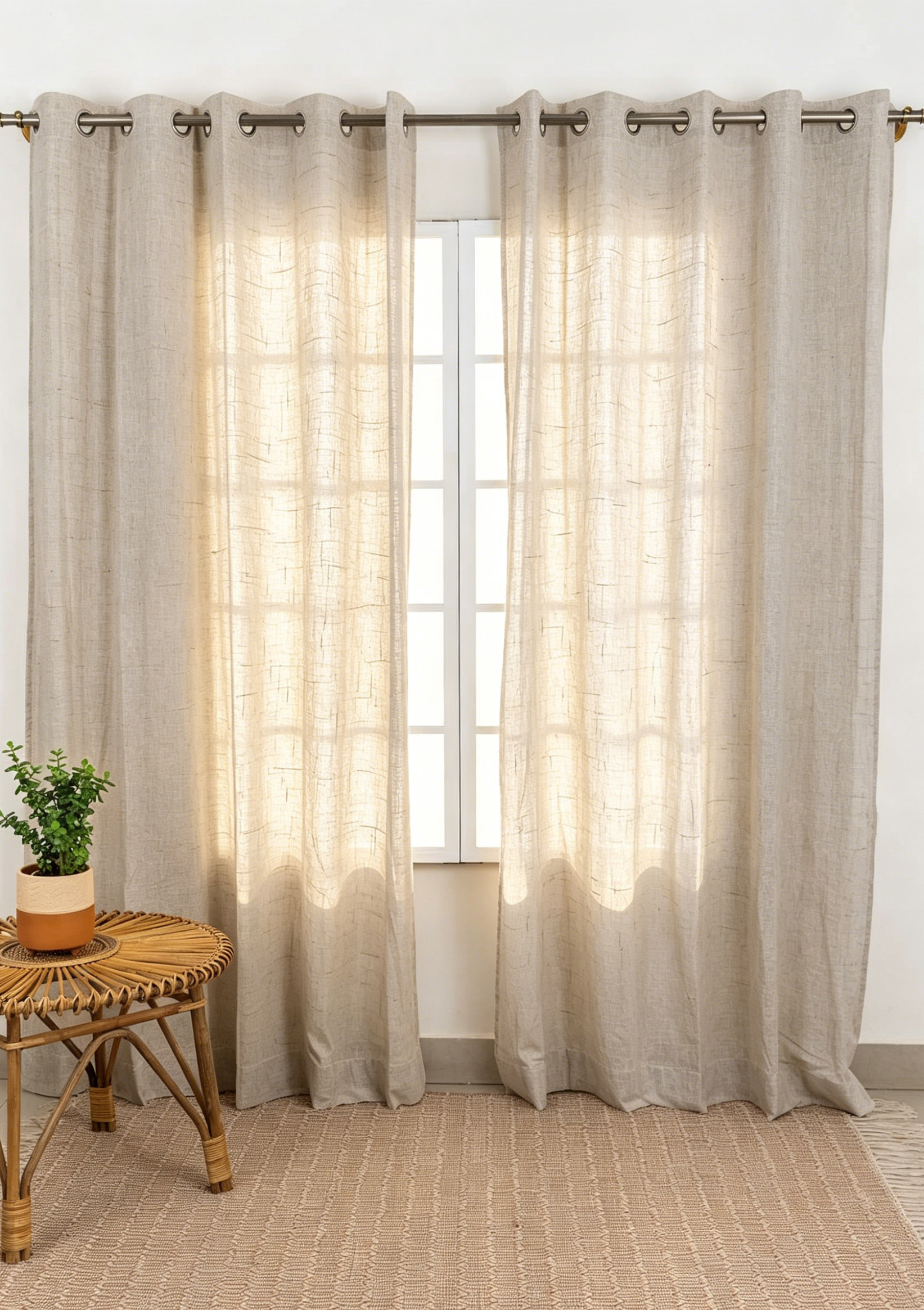 H043-2 100% European Flax Linen Curtains | Natural Textured Striped OEKO-TEX Sheer