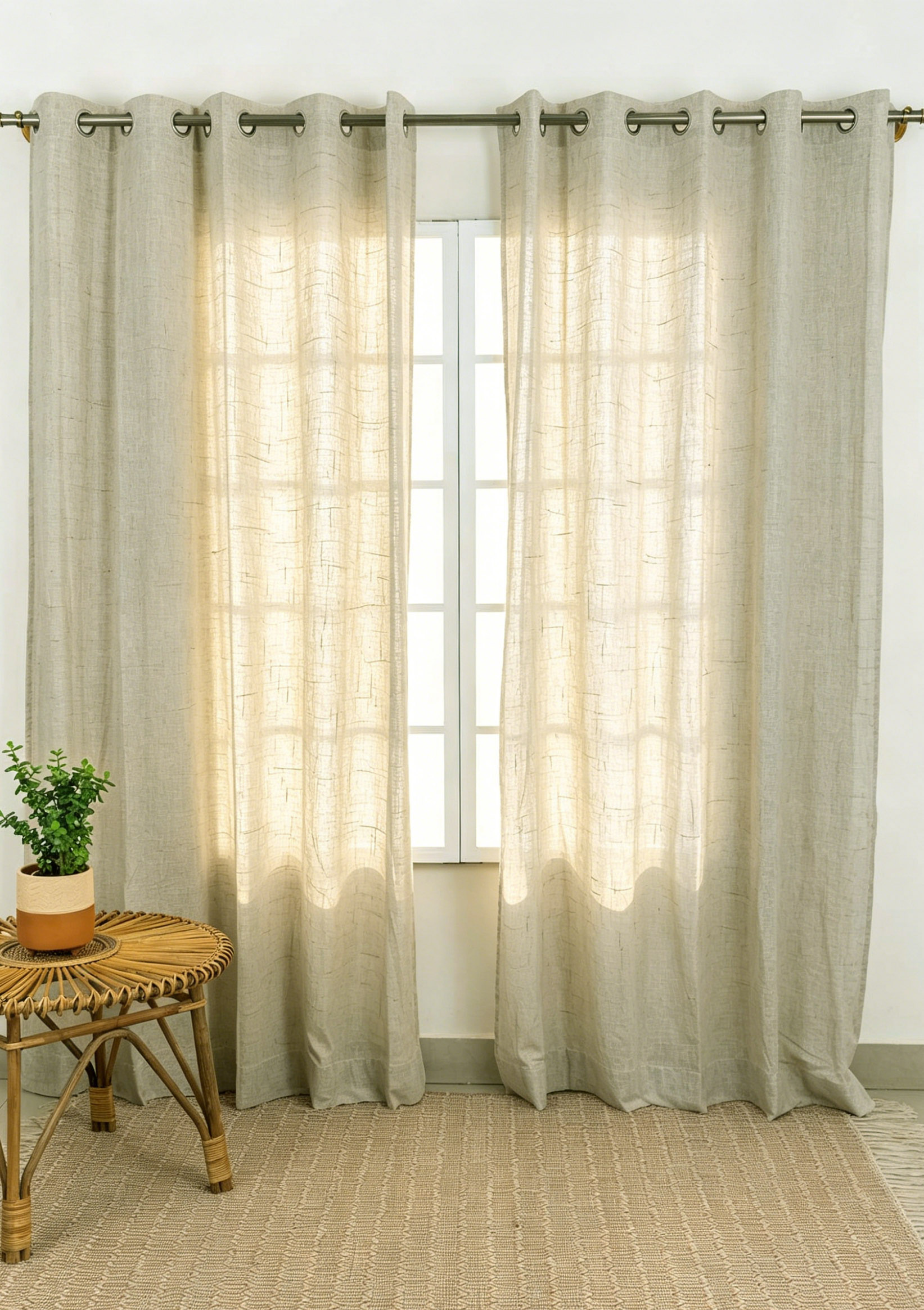 H043-9 100% European Flax Linen Curtains | Sage Green Textured Striped OEKO-TEX Sheer