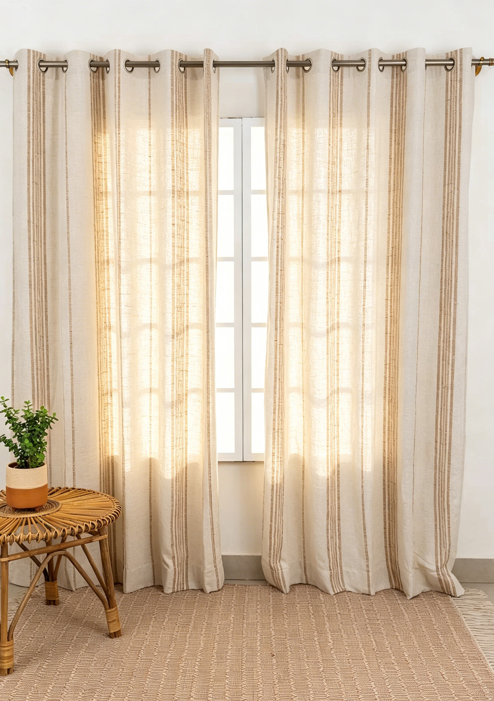 100% European Flax Linen Curtains | Natural Striped Washed Semi-Bleached OEKO-TEX Sheer